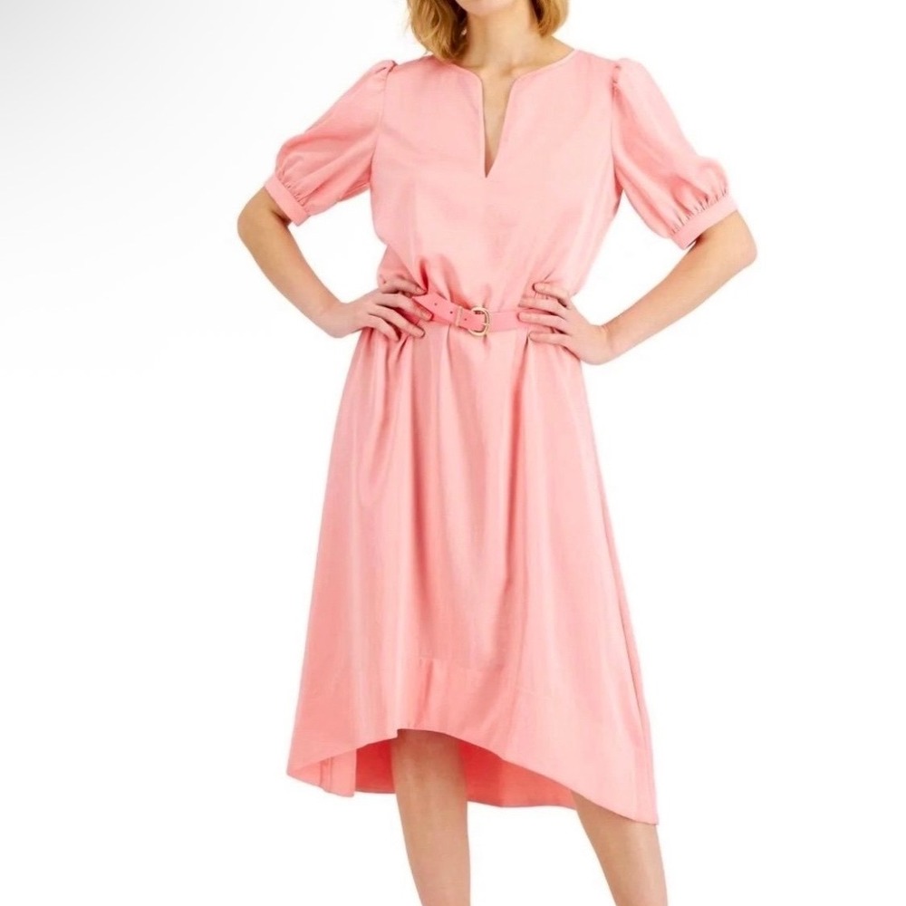 NWT Donna Karan Coastal Garden Pink Puff‎ Sleeve Belted High-Low Midi Dress 8